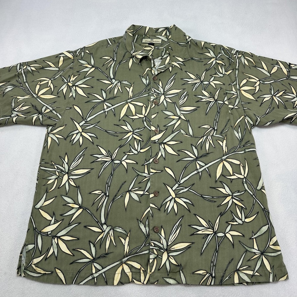 Tommy Bahama Shirt Mens Large Green Bamboo Silk Short Sleeve Button Up Casual